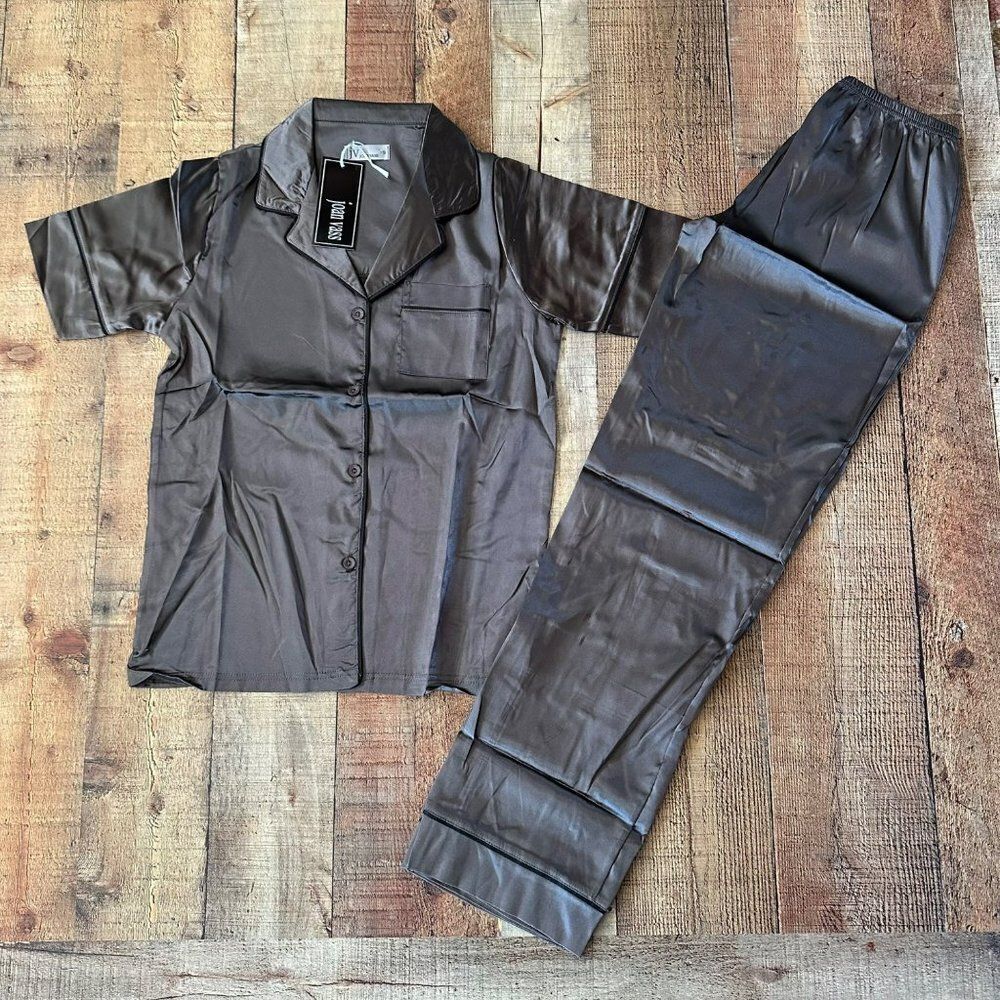 Joan Vass Women's Short sleeve Button Down and Pajama Bottoms Gray Black Pj Set